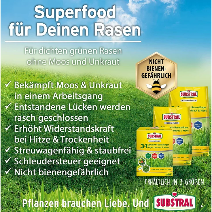 Substral 3 in 1 Komplettrasendünger gegen Unkraut und Moos 14 kg für 400 m² für alle Rasenflächen Streudünger – Bild 4