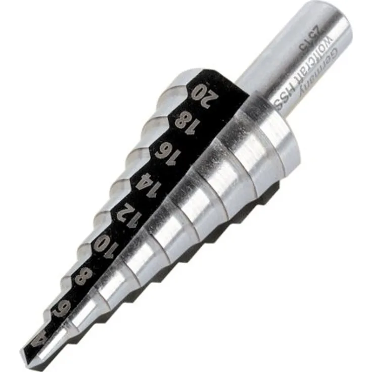 Wolfcraft 2515000 HSS Stufenbohrer 4 - 20mm, Metallbohrer mit 3-Schneiden-Geometrie und 90°-Senkwinkel, für präzises Anbohren und Entgraten, Made in Germany