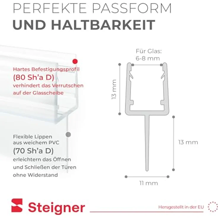 STEIGNER Duschtürdichtung UK10, 90 cm gerade Dichtung für Eckeinstieg und Fünfeckdusche, 6-8 mm Glasdicke, transparent, 100% wasserdicht, langlebig, schimmelbeständig – Bild 4