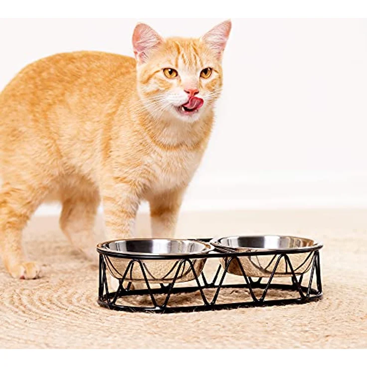 Navaris 2X Futternapf Katze mit Halterung - Futterstation Set Eisennapf für Katzen Hunde - Eisen Fressnapf Set Futterbar mit Edelstahl Halter – Bild 2