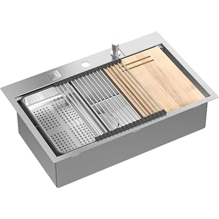 QUADRON BURT 110, 1-Becken Küchenspüle aus Glas & gebürstetem Edelstahl, Größe 76 x 49 x 21 cm mit Siphon – Bild 1