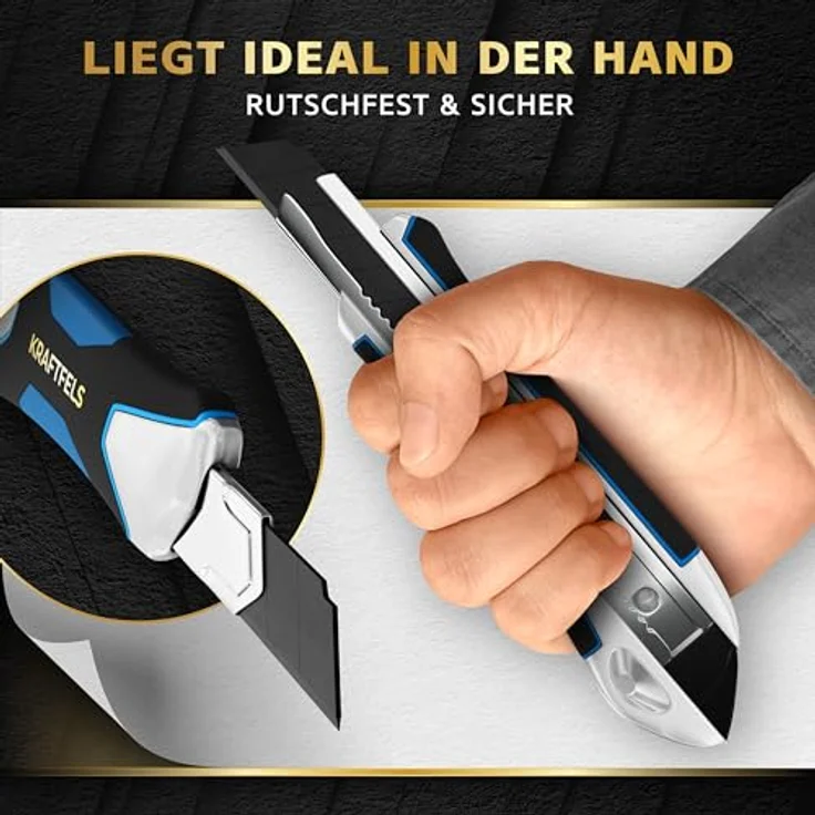 KRAFTFELS Cuttermesser Profi 5er Set - Robustes Cuttermesser 18mm inklusive 10 extrem scharfen Klingen - Rutschfestes Cutter & Universalmesser Teppichmesser - Aluminiumgehäuse - Ersatzklingen 18mm - Sturz- & stoßfest - Rostschutz-Ölfilm – Bild 4