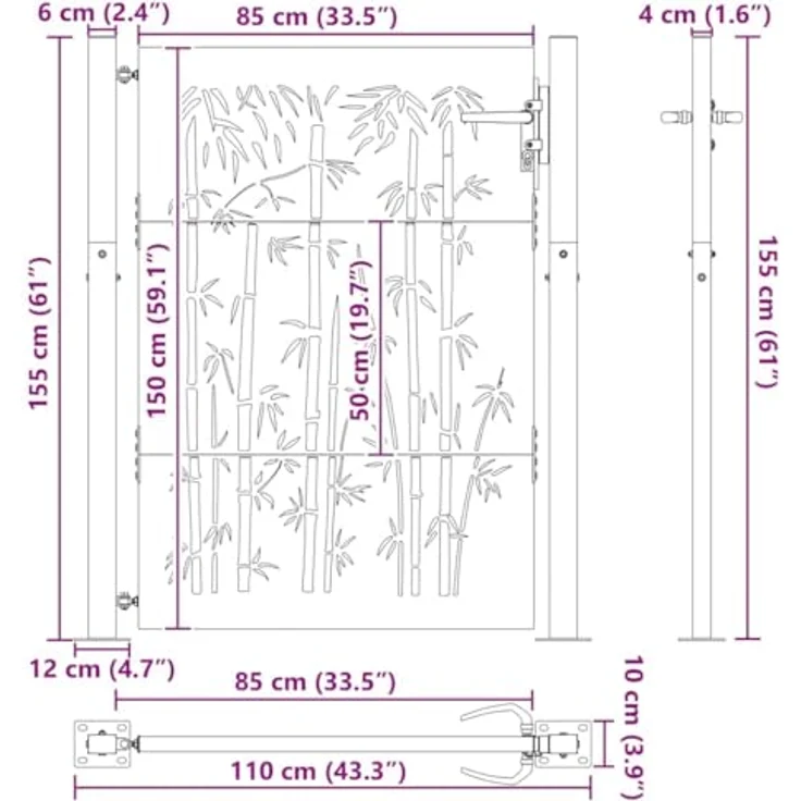 vidaXL Gartentor Schwarz, 105 x 150 cm, pulverbeschichteter Stahl mit stabiler Riegelverriegelung und modernem Laserschneide-Design – Bild 3
