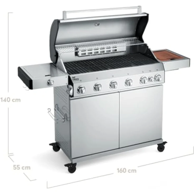 BURNHARD 6-Brenner Gasgrill Fat FRED Deluxe 2023 inkl. Backburner, 900°C Infrarot-Keramikbrennern, Seitenkochfeld, Gusseisen-Grillrost, Grillabdeckung, Edelstahl Grillwagen + klappbare Seitentische – Bild 2
