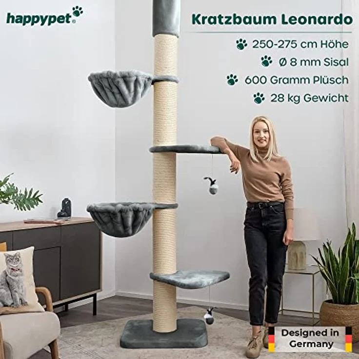 HAPPYPET Kratzbaum 'Leonardo' Grosse Katzen Stabil XXL Deckenhoch, 250 bis 275 cm - 18 cm Dicke Stämme, Große Liegemulden bis 20 kg, Höhle, geprüftes Holz, Katzenkratzbaum für Maine Coons & Ragdolls – Bild 2