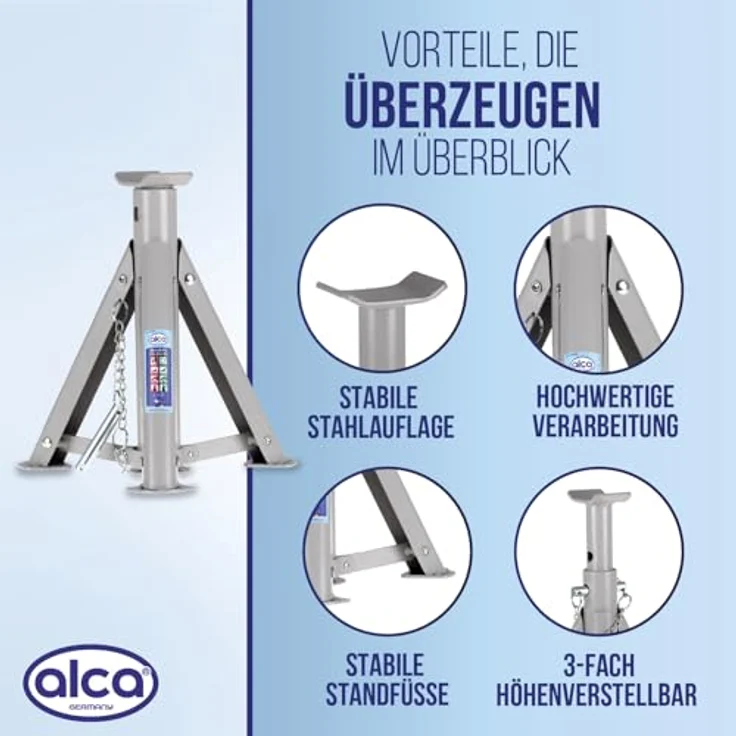alca® Unterstellbock 3t klappbar I Auto Stützbock Set (2 Stück), faltbar, 3-fach höhenverstellbar mit Sicherheitsstift, silber-grau, Höhe 290–405 mm, Gewicht 2,0kg je Bock – Bild 4