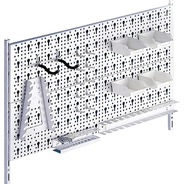 Element System DIY Element System HEIMWERKER ORGANIZER 2 – Metall-Werkzeugwand mit 2 Stahl-Lochplatten (800 x 200 mm), weiß, inkl. 29-teiligem Set von Halterungen und Montagematerial