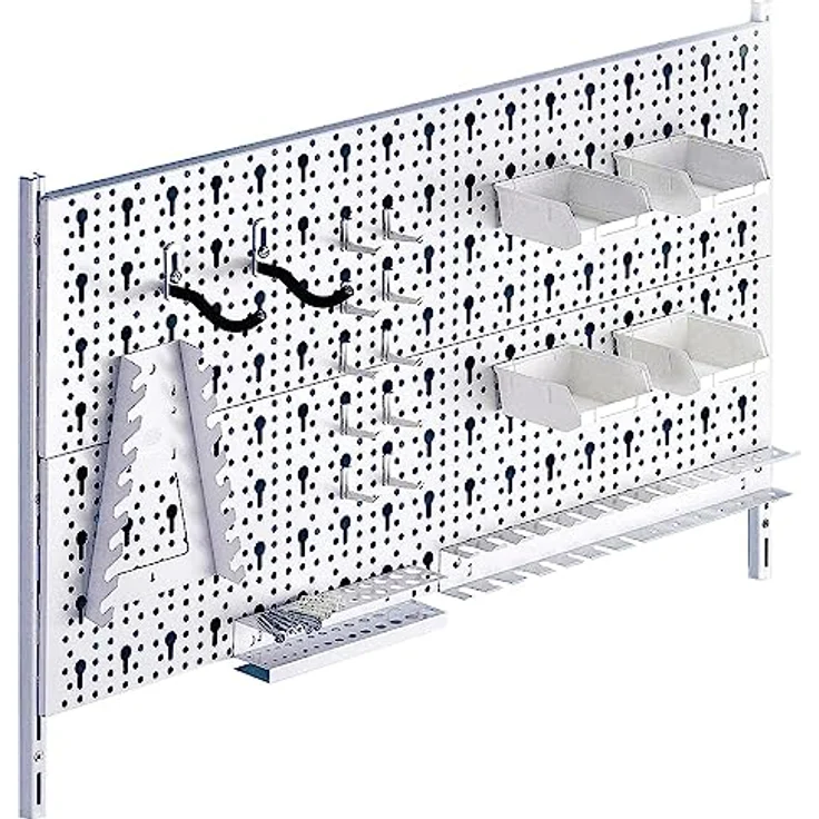 Element System DIY Element System HEIMWERKER ORGANIZER 2 – Metall-Werkzeugwand mit 2 Stahl-Lochplatten (800 x 200 mm), weiß, inkl. 29-teiligem Set von Halterungen und Montagematerial – Bild 1