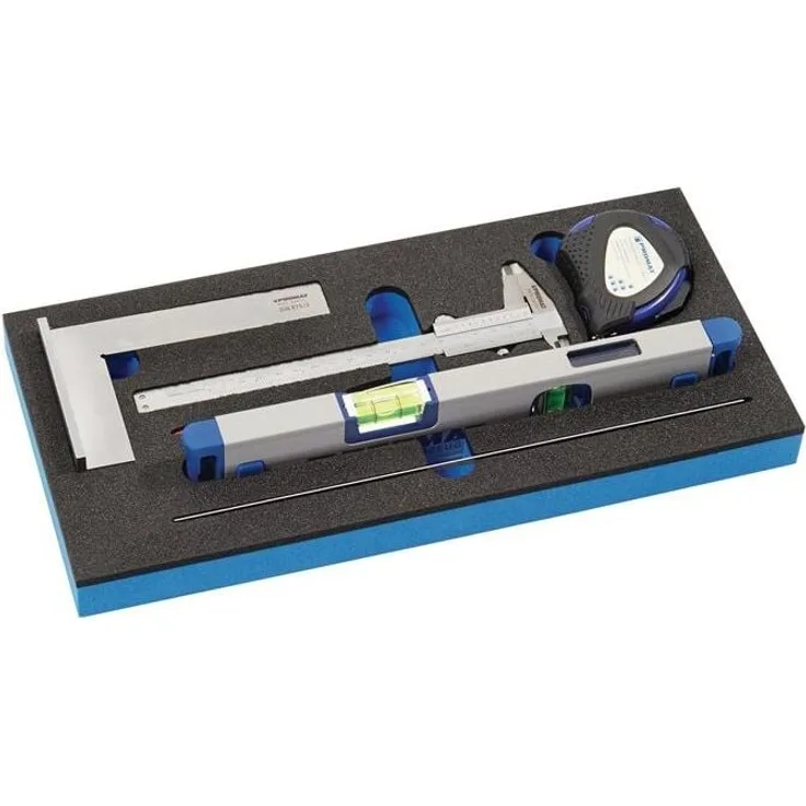 PROMAT Werkzeugmodul 6-teilig 1/3-Modul Messwerkzeugsatz, inkl. Taschenmessschieber, Anschlagwinkel, Stahlmaßstab, Reißnadel, Wasserwaage und Rollbandmaß