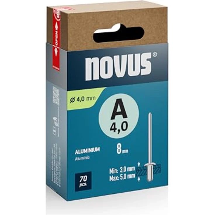 Novus Tools Aluminium-Blindnieten Ø 4,0 mm, 8 mm Länge, 70 Stück, Klemmlänge 3,0-5,0 mm, ideal für Nichteisen-Metall, Kunststoff, Leder und Stoffe – Bild 1
