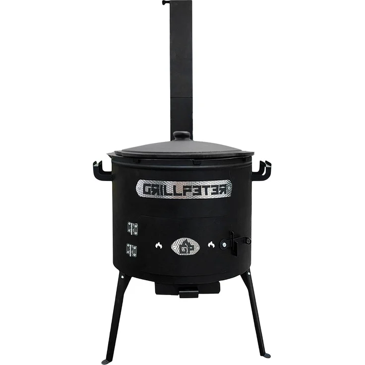 Grillpeter Utschak Asamat Ø40 cm mit Kazan 8L, Holzkohlegrill aus feuerfest lackiertem Stahl, inkl. Gusseisen-Kazan und Aludeckel