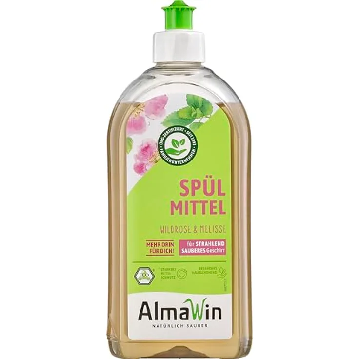 Almawin Spülmittel Wildrose Melisse, 500ml Geschirrspülmittel mit hautmilden Waschnuss- und Melissen-Extrakten und zartem Blumenduft