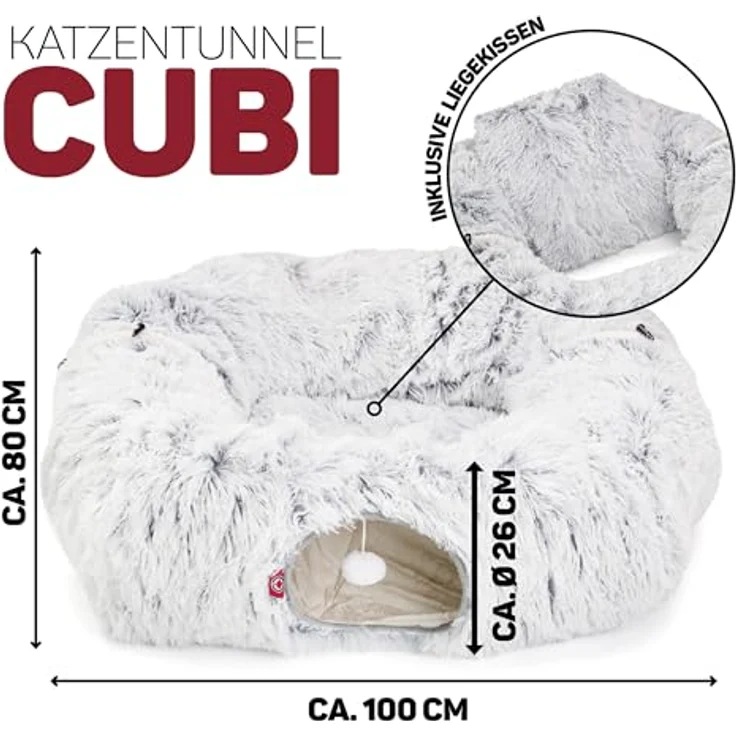 CanadianCat Company | Katzentunnel CUBI - XXL eckiger Tunnel inkl. Liegekissen | grau | für große Katzen geeignet – Bild 2