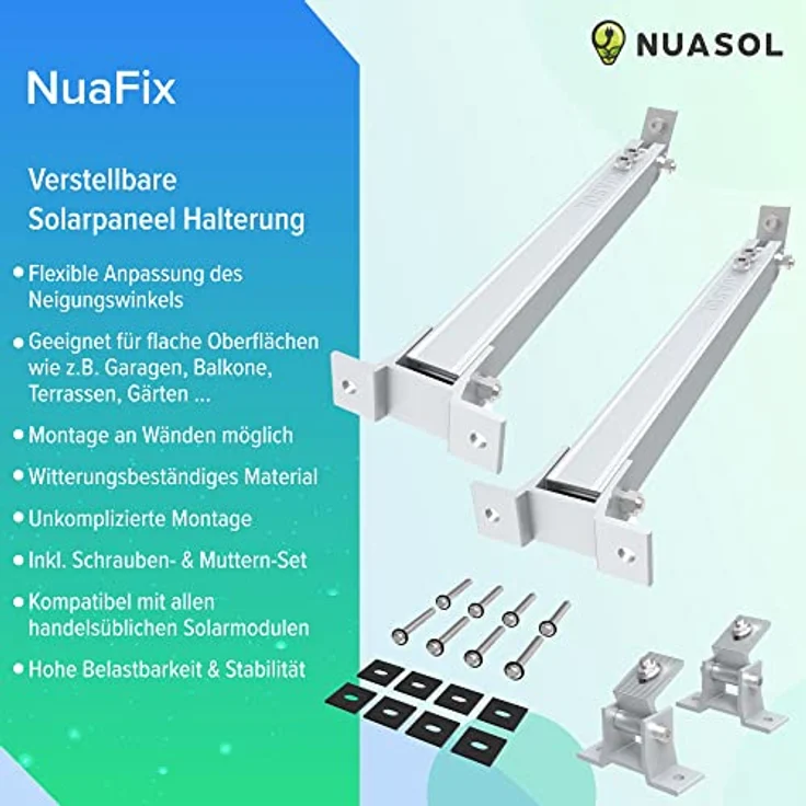 NuaSol Aufständerung Solarmodul Halterung, verstellbar 15°-30°, witterungsbeständig, für Flachdachmontage, einfache Befestigung, Silber – Bild 3