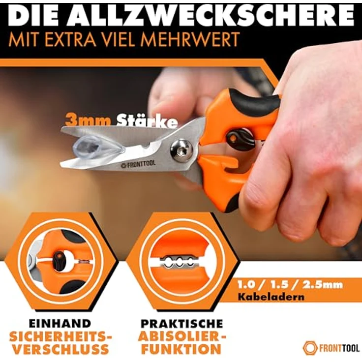 FRONTTOOL Universalschere mit Abisolierfunktion, Edelstahl, ergonomischer 2-Komponenten-Griff, rostfreie gezahnte Klinge – Bild 5