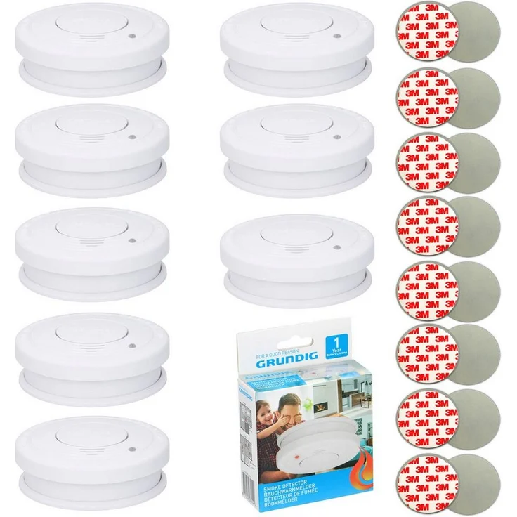 Grundig 8x Rauchmelder 85dB Inkl. 9V Batterie + 3M Klebepad Set Feuermelder Rauchmelder (inklusive Montagematerial und Anleitung)