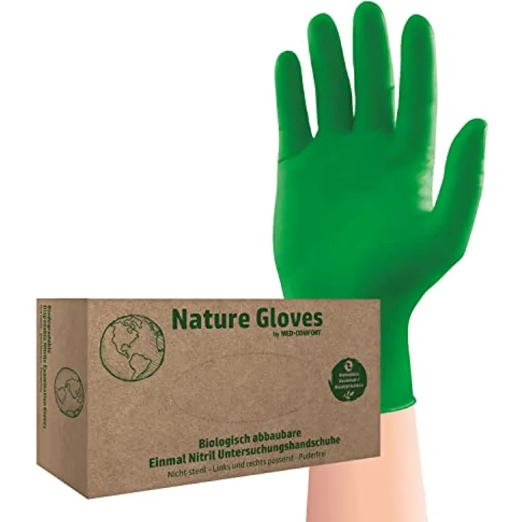 AMPri Biologisch abbaubare Nitrilhandschuhe, grün, 100 Stück/Box, Größe XL, puderfrei, Nature Gloves by Med-Comfort: Nitril Einmalhandschuhe in den Größen XS, S, M, L, XL erhältlich