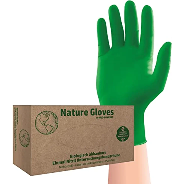 AMPri Biologisch abbaubare Nitrilhandschuhe, grün, 100 Stück/Box, Größe M, puderfrei, Nature Gloves by Med-Comfort: Nitril Einmalhandschuhe in den Größen XS, S, M, L, XL erhältlich – Bild 1