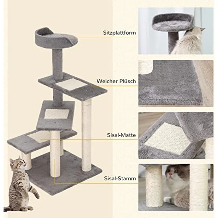 PawHut Kletterbaum Katzenbaum Spielbaum Katzenkratzbaum Treppe 5 Schichte Beige Grau 48 x 48 x 99,5 cm (LxBxH) – Bild 4