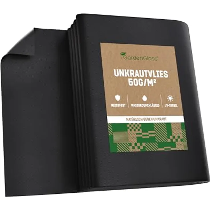 GardenGloss® Unkrautvlies 20m2, wasserdurchlässig und reißfest, 50g/m2, hohe UV-Stabilisierung (10m x 2m, gefaltet)