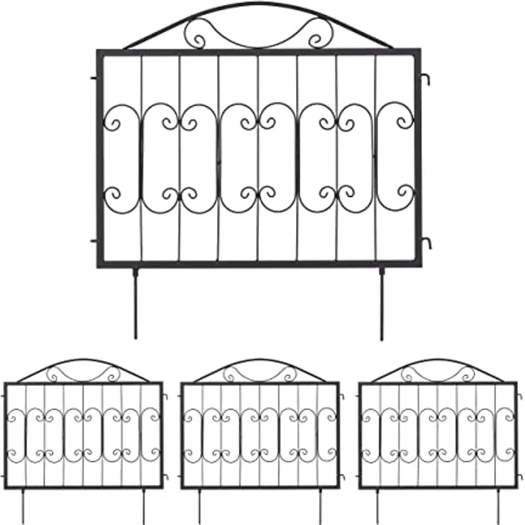 Relaxdays Beetzaun Metall, HxB: je 60 x 60 cm, Garten Beeteinfassung zum Stecken, 4 Zaunelemente mit Ornamenten, schwarz