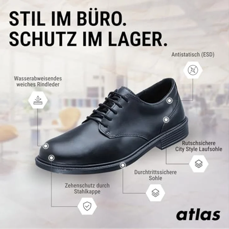 Atlas Schuhe Atlas CX 340 Office Arbeitsschuh, S2 SRC Sicherheitsschuh mit Stahlkappe, Schwarz, Größe 39-48 – Bild 2
