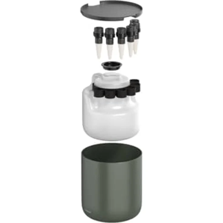 Fiskars Urban Plant Care Selbstbewässerungssystem, 4,4-Liter-Reservoir mit 4 Keramikkegeln, dunkelgrün/schwarz – Bild 1