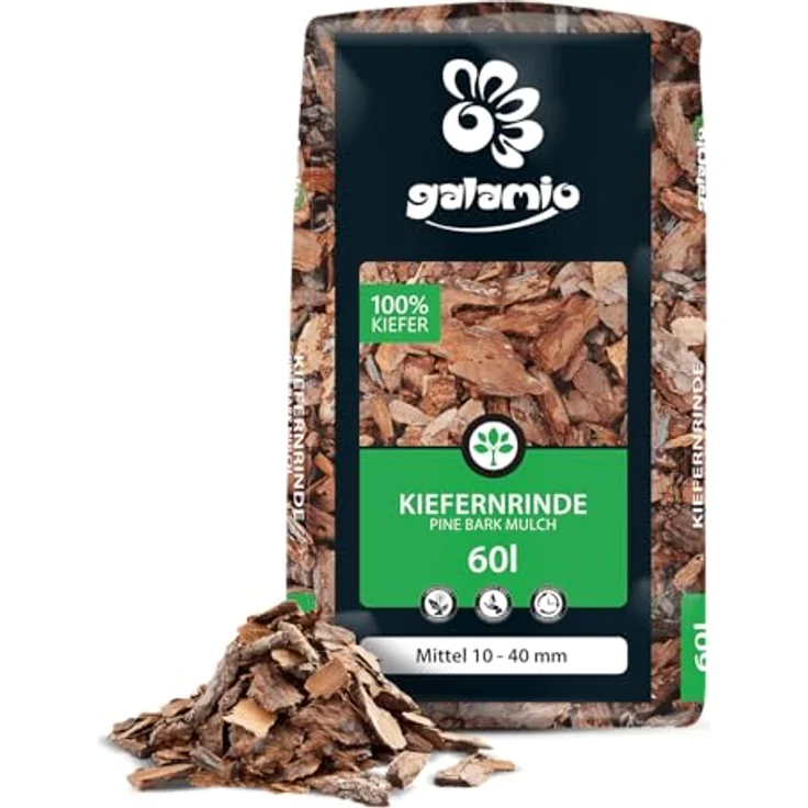 GALAMIO Kiefernrinde Kiefernmulch, Natur Rindenmulch 10-40mm für Garten, 60l Sack, 720l Palette, rotbraun, langlebig und unkrauthemmend – Bild 2