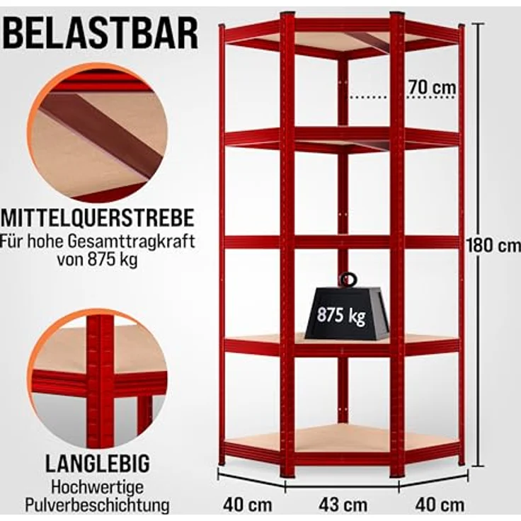monzana Schwerlastregal, Eckregal 180x70x40cm, 875 kg Tragkraft, 5 MDF-Platten, rot – Bild 3