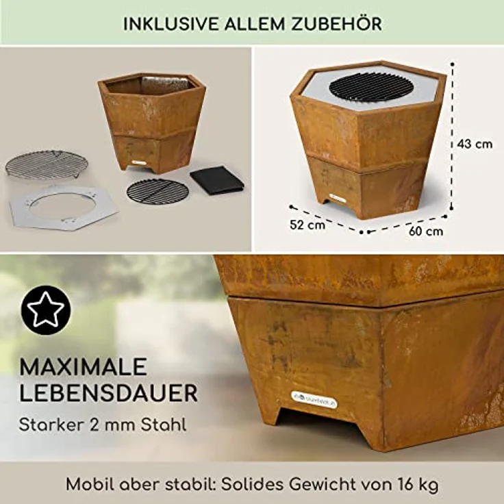 Blumfeldt Feuerschale mit Grillrost, Outdoor Stahl-Feuerschale Groß für Balkon & Camping, Mobiler Standfuß, Wetterfest - Sechseckige Feuerstelle – Bild 5