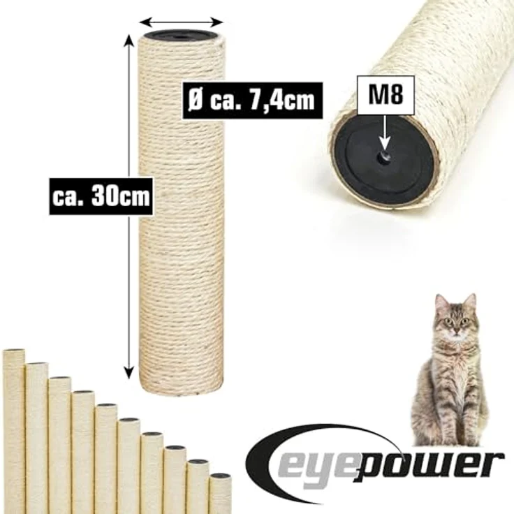 eyepower Kratzbaum 30 cm Sisalstamm für Kratzbaum Ersatzstamm M8, Ø 7,4 cm Sisalsäule Kratzstamm, robustes und belastbares Natursisal, strapazierfähige Schnur, pfotensicher, 100% natürliche Qualität – Bild 6