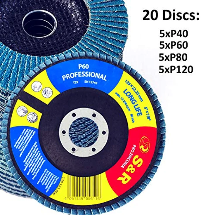 S&R Fächerschleifscheiben Set 20 St., 125 x 22,23 mm, Profi Qualität, T29, für Stahl und Edelstahl, 5x Körnung P40/60/80/120 – Bild 3