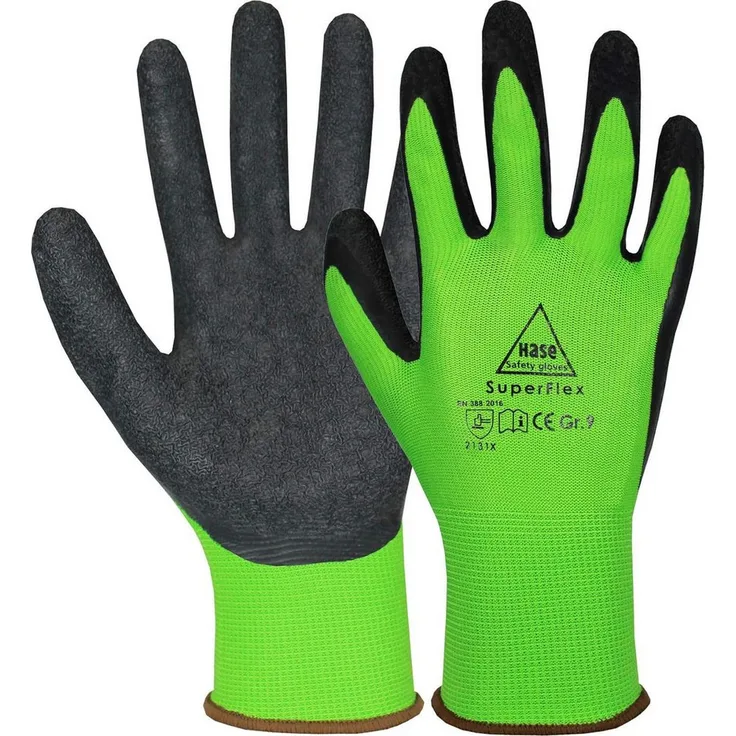 Hase Safety Gloves Superflex, grüne Arbeitshandschuhe mit Latexbeschichtung, rutschfest und atmungsaktiv, 10 Paar