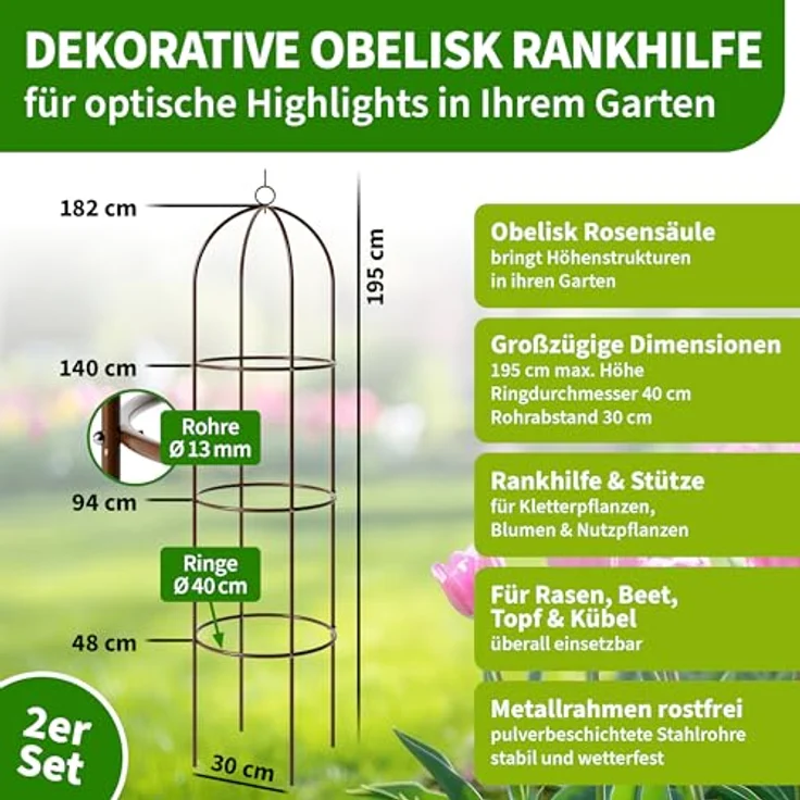 TTL Garden Obelisk Rankhilfe XL 195x40cm braun, 2er Set aus rostfreiem Stahl für Kletterpflanzen wie Rosen und Clematis, variable Höhenverstellung bis 195 cm, pulverbeschichtet, stabil und dekorativ – Bild 2