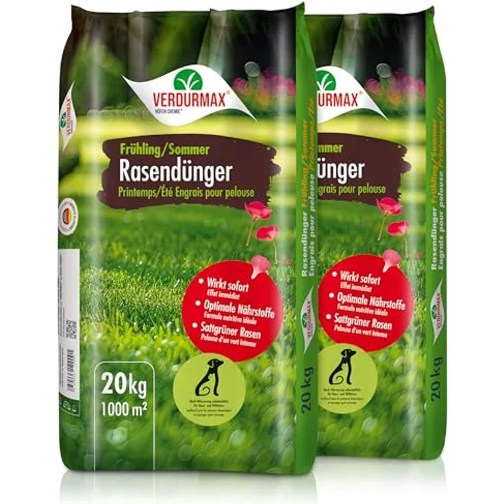 Höfer Chemie Verdurmax 2 x 20 kg Rasendünger Frühling & Sommer, Langzeit Rasendünger mit NPK-Formel (14-3-8), für 2000m² saftig grünen, hundeverträglichen Rasen, ideal für Streuwagen – Bild 1