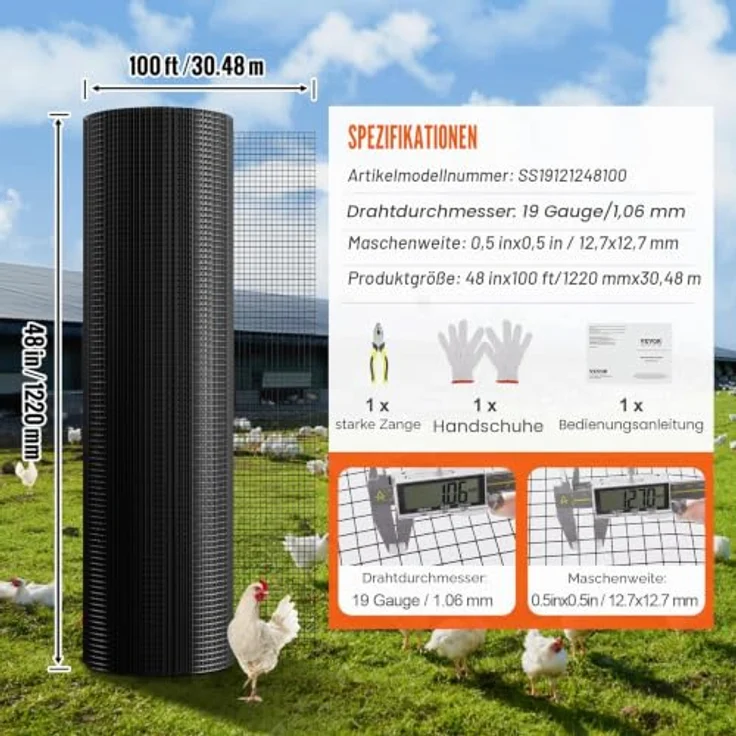 VEVOR Maschendraht 1220 x 30480 mm, 19 Gauge, vinylbeschichtetes Metalldrahtgeflecht für Hühnerstallbarrieren und Kaninchenzäune, schwarz – Bild 7