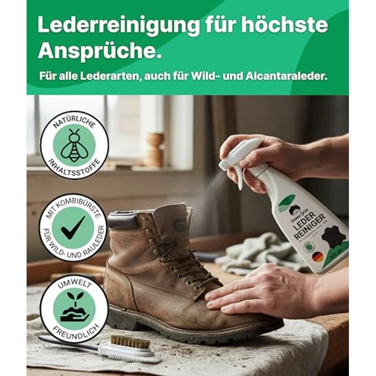 Emma Grün Lederreiniger Set, 500 ml für Wild-, Rau- & Nubukleder mit Wildlederbürste zur effektiven Fleckenentfernung und Geruchsbeseitigung – Bild 2