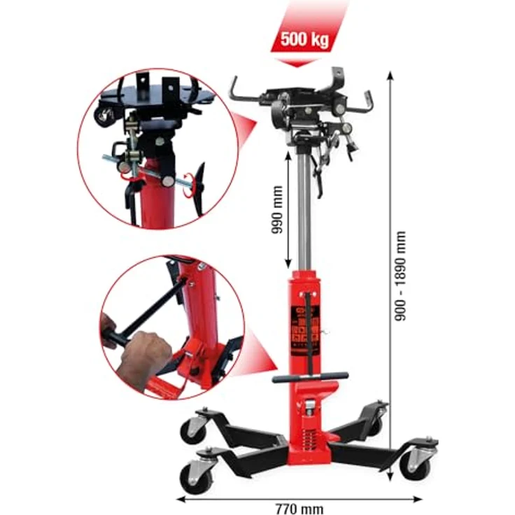 KS Tools Wagenheber, hydraulischer Getriebeheber mit 500 kg Tragkraft, stufenloser Regelung und PU-Rollen, massive Stahlkonstruktion – Bild 2