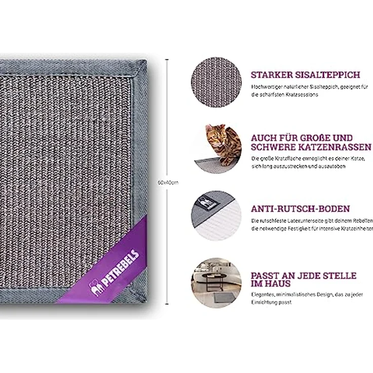Petrebels Kratzmatte für Katzen 60 x 40 cm, Kratzteppich Premium Qualität, Sisalmatte Farbe Grau – Bild 2
