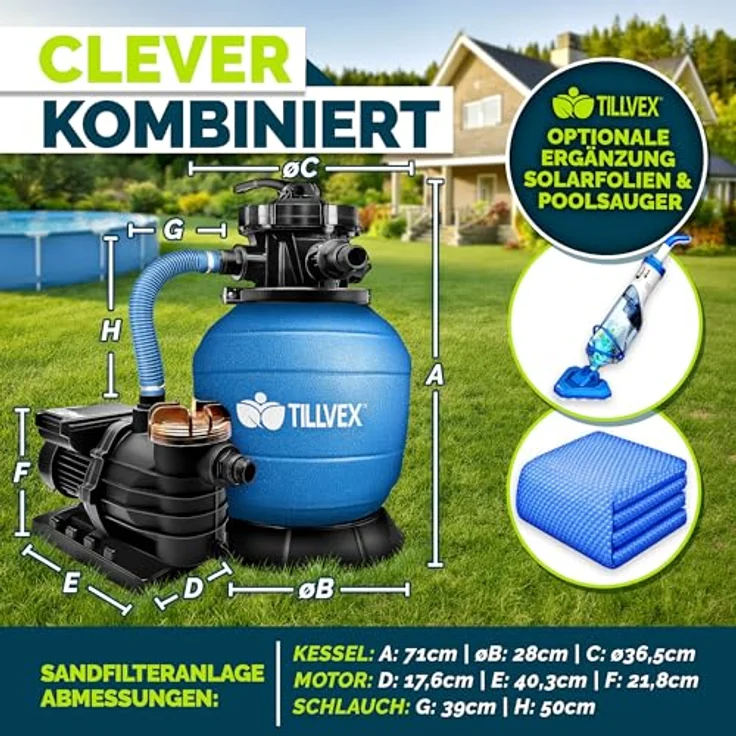 tillvex Sandfilteranlage 13.200L/h, selbstansaugend mit 1200g Filterbällen, 7-Wege Ventil & 2in1 Adapter Ø32-38mm für Pools bis 40.000L – Bild 2