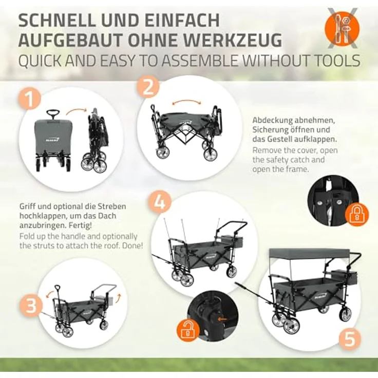 Hauki Bollerwagen XXL faltbar mit abnehmbarem Dach, grau, Kinder Transportwagen mit 360° drehbaren Vorderrädern und PU Rädern, Tragkraft 150 kg, inkl. Tasche und Getränkehalter – Bild 4