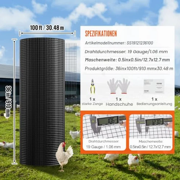 VEVOR Volierendraht 91 x 3048 cm, Vinylbeschichteter Drahtzaun mit 1,06 mm Drahtdurchmesser für Hühnerstallbarrieren, Kaninchen- und Schlangenzäune, Geflügelgehege, schwarz – Bild 7