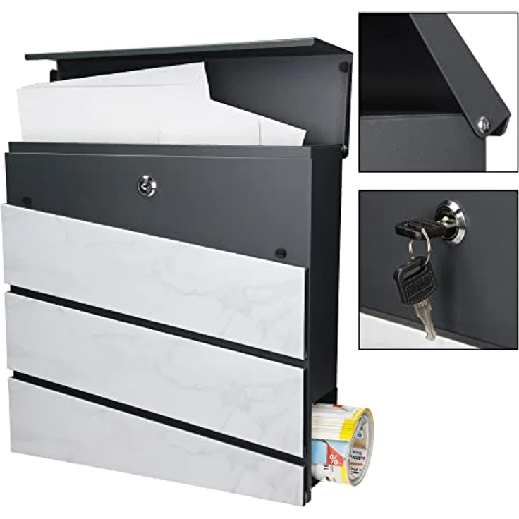 ECD Germany Standbriefkasten mit Zeitungsfach, Design Briefkasten mit Pfosten, Briefkastenanlage, Briefkastenständer Silber metallic 120 cm aus Edelstahl, Postkasten Anthrazit-Marmoroptik aus Stahl – Bild 4