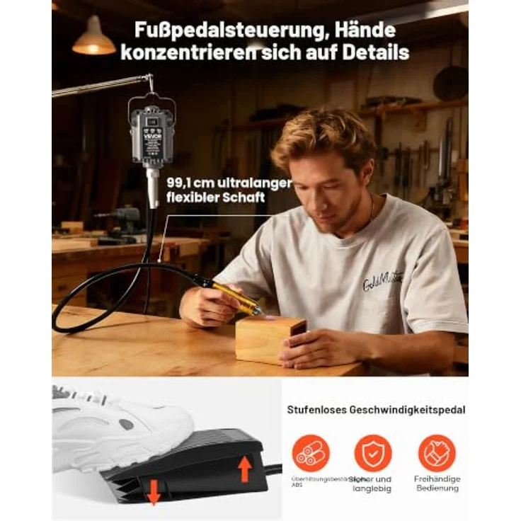 VEVOR Elektrisches Drehwerkzeug mit 1200 W, 30.000 U/min, Flexshaft-Rotationswerkzeug, Fußpedalsteuerung und 112-tlg. Zubehörset für Schleifen, Polieren & Trennen – Bild 3