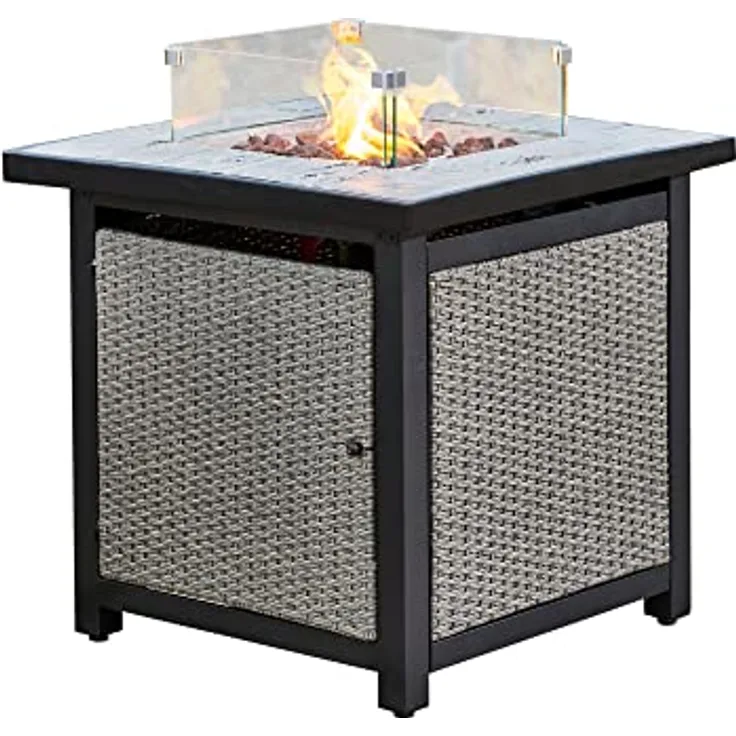 Teamson Home Draussen Garten Rattan Propangas Feuerstelle Tischbrenner, Rauchfreie Feuerstelle, Terrassenmöbelheizung mit Glasscheibe, Lavasteinen und Abdeckung