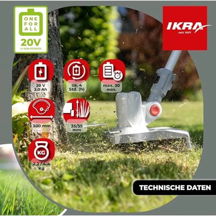 ikra GmbH Akku-Rasentrimmer IART 2030, 30 cm Arbeitsbreite, kabellos, 20 Volt-Akku mit Akku & Ladegerät - 2in1-System – Bild 5