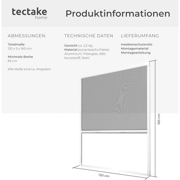 tectake Insektenschutz-Fensterrahmen Insektenschutzrollo, Aluminium, 130x160 cm, weißer Rahmen, schwarzes Moskitonetz – Bild 6