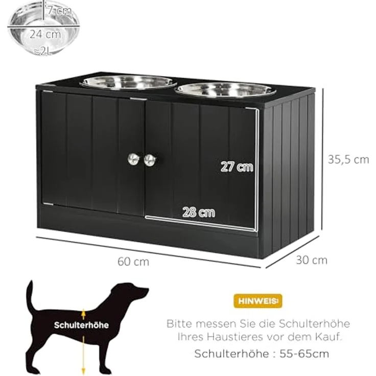 PawHut Hundenäpfe, Erhöhte Futterstation mit 2 Edelstahlschüsseln, 44L Stauraum, Magnettüren, für große Hunde, Schwarz – Bild 5