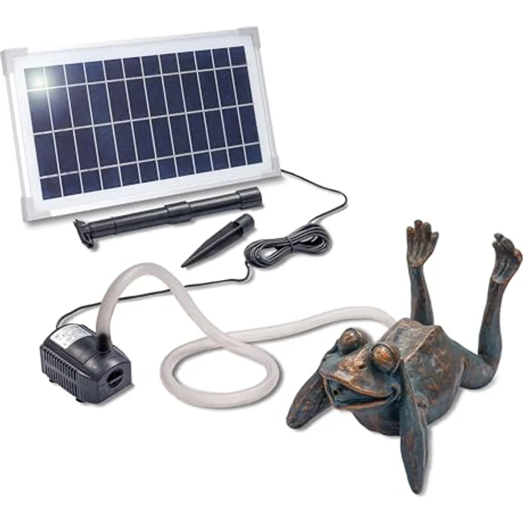 Esotec Solar Wasserspeier Frosch Lazy Frog, Teichfigur mit Tauchpumpe und Solarpanel, Bronze, H=24cm, Förderleistung 380l/h, für Garten und Balkon – Bild 4