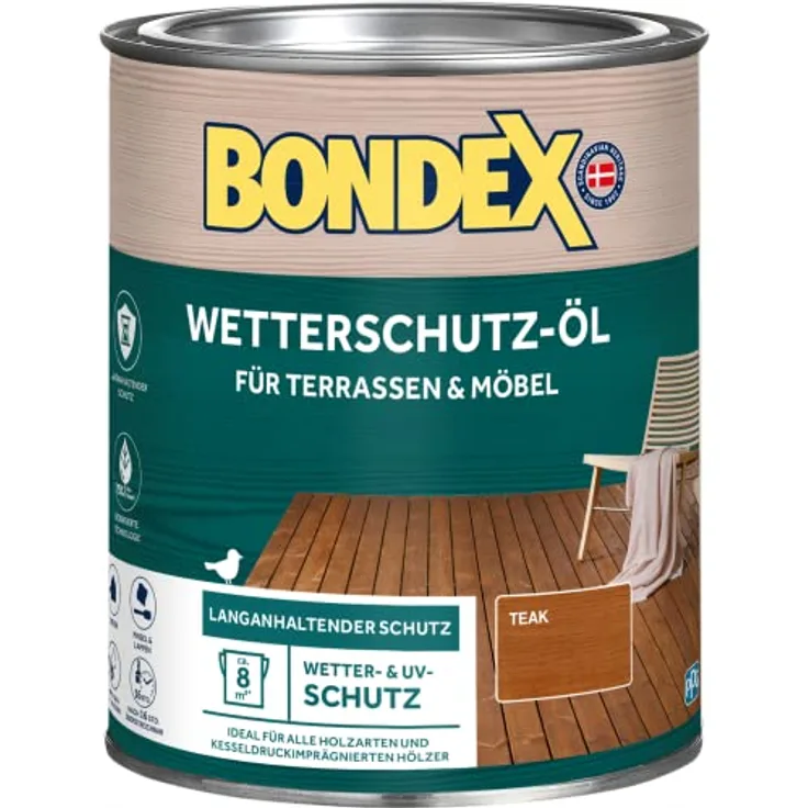 Bondex Wetterschutz Öl Teak 2,5 L für 28 m² | Langanhaltender Schutz | Wetter & UV-Schutz | Biobasierte Technologie | Extrem Wasserabweisend | Wetterschutzöl | Holzschutz